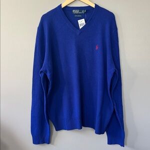 NWT Vintage Polo‎ Ralph Lauren V-Neck Lambswool Pullover Sweater Size XXL Blue